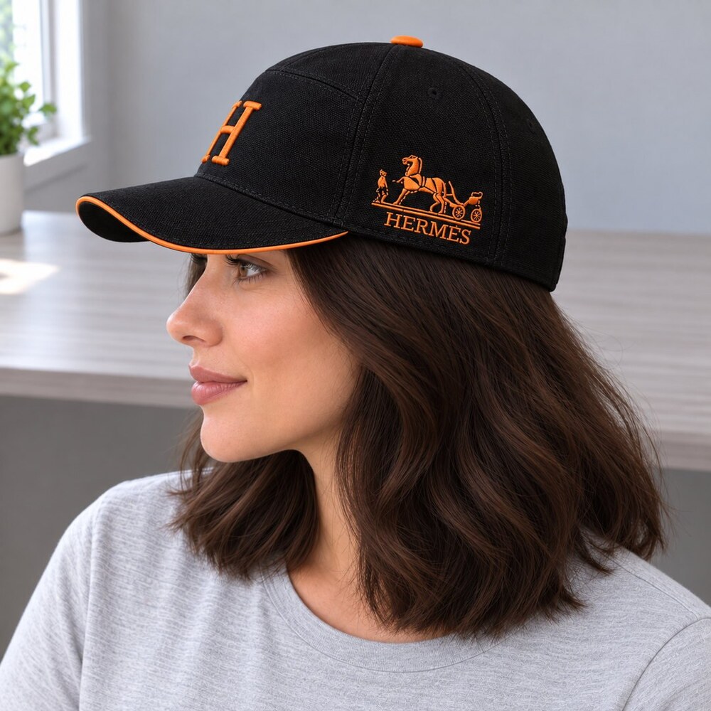 Hermes Black Orange H Logo Cap - Picture 3 of 6
